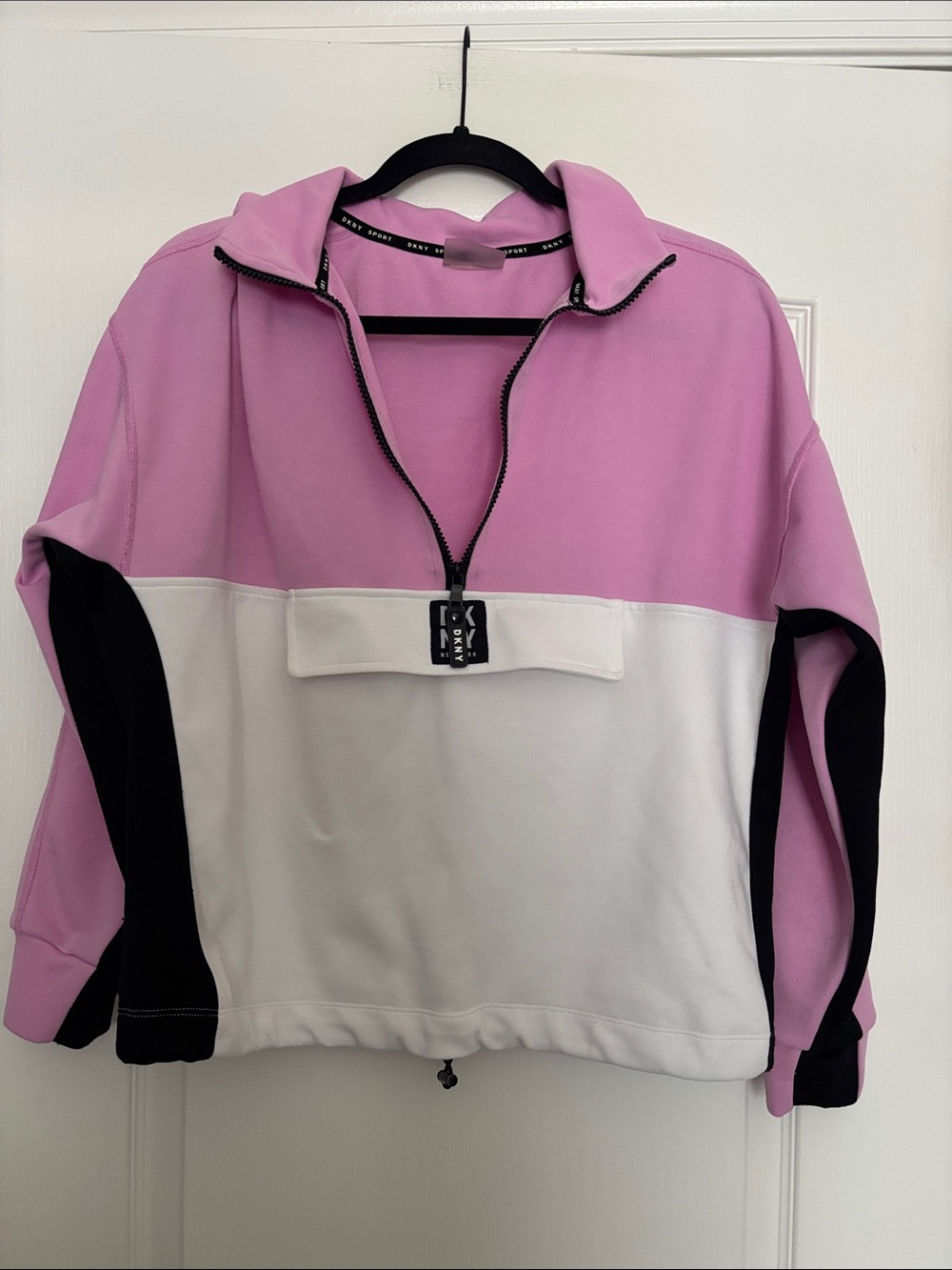 DKNY Pink, White and Black Colorblock Half-Zip Pullover